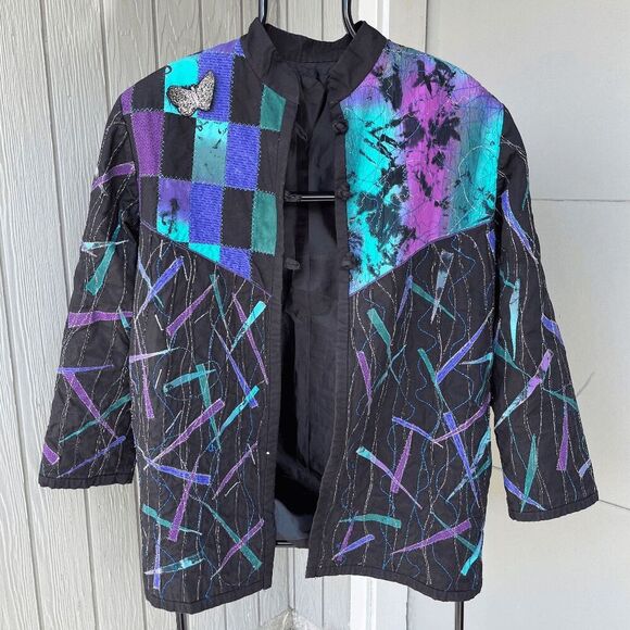 Vintage Patchwork Quilted Art Jacket w/ Butterfly Appliques, Abstract Design - M - Picture 9 of 10